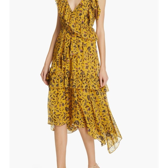 ULLA JOHNSON Yellow Amber Floral Print DANIA Ruffle Tiered Tie Shoulder MIDI 4 - Picture 4 of 16
